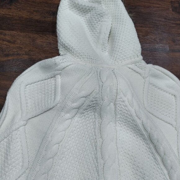 Tommy Hilfiger Cable Knit Poncho Sweater Faux Fur Trim Hooded Fringe Hem Onesize - Picture 8 of 16